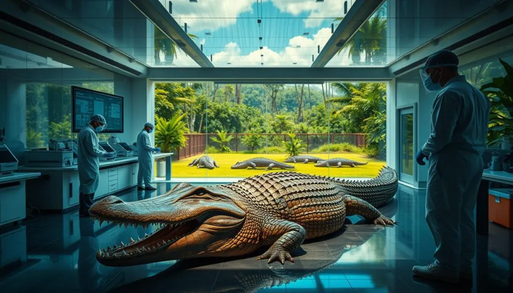 A vividly detailed and hyperrealistic image of a state-of-the-art Krokodil research facility in the year 2025. The foreground features a sleek, modern laboratory with advanced equipment and scientists in protective gear meticulously studying a massive crocodile specimen. The middle ground showcases an outdoor enclosure with several Krokodils basking in the sun, their scales glistening. In the background, a lush, verdant jungle landscape provides a natural backdrop, hinting at the wild origins of these formidable predators. Captured with a Sony A7R IV, the image is sharply defined, with a polarizing filter enhancing the vivid colors and rich textures, creating an immersive and captivating scene of cutting-edge Krokodil research.