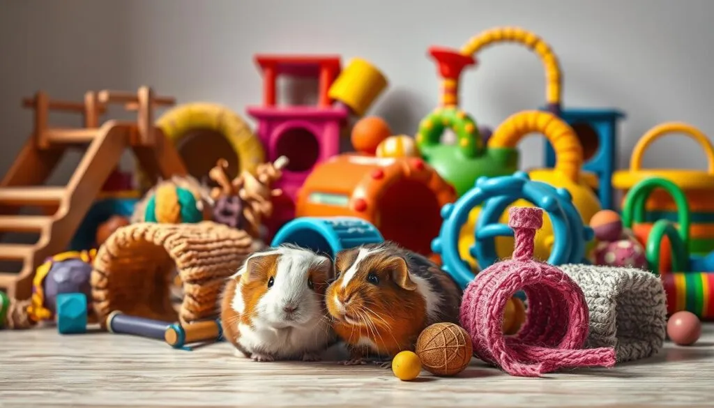 A well-crafted arrangement of diverse guinea pig toys, artfully displayed in a meticulously lit studio setting. An assortment of vibrant, textured objects including wooden bridges, colorful tunnels, playful chew toys, and interactive mazes, all captured with crisp clarity and vivid realism. The scene is bathed in soft, diffused lighting, creating a warm, inviting atmosphere that showcases the toys' tactile qualities and visual appeal. Photographed from a slightly elevated angle to provide an engaging, immersive perspective, this image aims to inspire ideas for enriching a guinea pig's environment and stimulating its natural curiosity and playfulness.