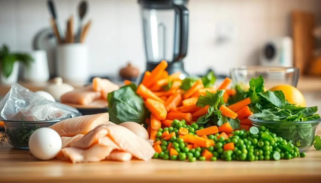 A well-organized kitchen counter with various fresh ingredients for homemade cat food preparation. In the foreground, an array of wholesome proteins such as chicken, fish, and eggs. In the middle, an assortment of vegetables, including carrots, spinach, and peas, neatly chopped and ready for mixing. In the background, a blender and a food processor, indicating the step-by-step process of blending and combining the components. The lighting is warm and natural, creating a cozy and inviting atmosphere. The overall scene conveys a sense of care and attention to detail, reflecting the importance of providing a healthy, homemade meal for a beloved feline companion.