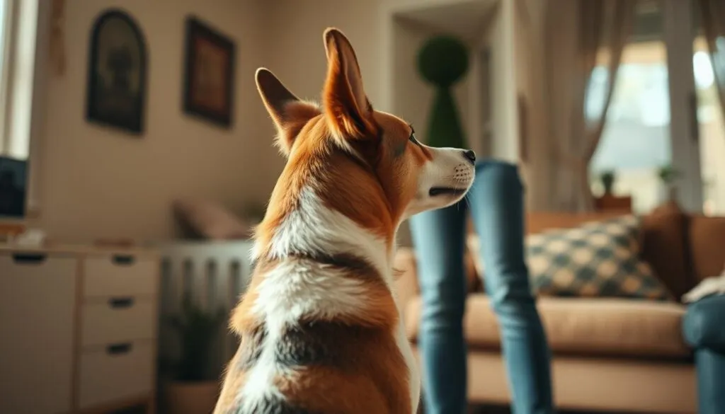 A well-trained dog owner, standing in a cozy home setting, closely observing their furry companion's body language. The dog's posture - alert, with ears perked, signaling attentiveness. Subtle tail wags and a relaxed, open stance convey contentment. Warm, natural lighting bathes the scene, creating a sense of comfort and understanding between human and animal. The owner's gaze is engaged, demonstrating a keen awareness of the nuances of canine communication, ready to reinforce positive behaviors through effective training techniques. A well-trained dog owner, standing in a cozy home setting, closely observing their furry companion's body language. The dog's posture - alert, with ears perked, signaling attentiveness. Subtle tail wags and a relaxed, open stance convey contentment. Warm, natural lighting bathes the scene, creating a sense of comfort and understanding between human and animal. The owner's gaze is engaged, demonstrating a keen awareness of the nuances of canine communication, ready to reinforce positive behaviors through effective training techniques.