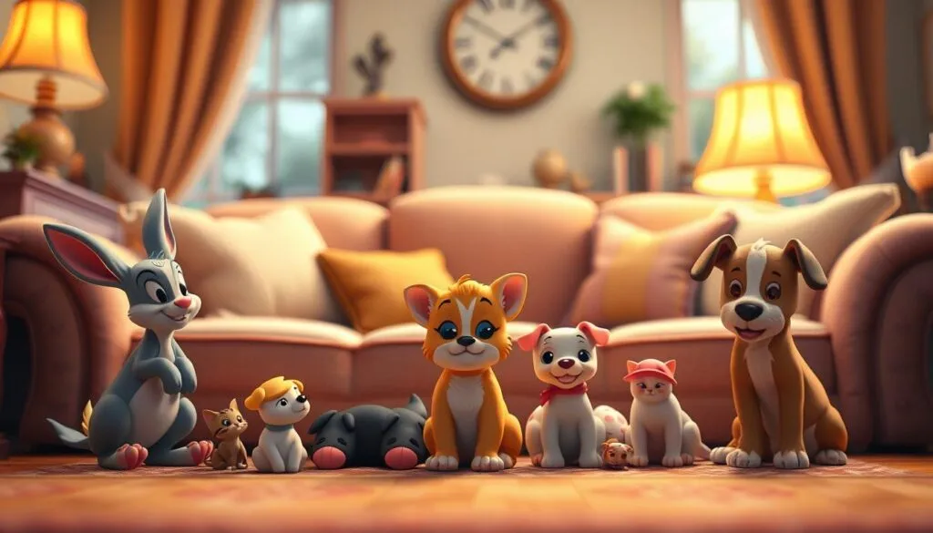 A whimsical illustration of Disney-inspired pet names for small furry companions. A cozy living room scene with plush furniture and warm lighting, showcasing a variety of adorable animal figurines - from a cuddly Thumper the rabbit to a playful Figaro the kitten, and a curious Lady the puppy. The figurines are meticulously detailed, capturing the charming essence of classic Disney characters. The overall atmosphere evokes a sense of comfort, nostalgia, and the joy of finding the perfect Disney-themed name for one's beloved pet. Shot on Sony A7R IV, clearly focused, sharply defined, polarizer filter, Hyperrealistic image.