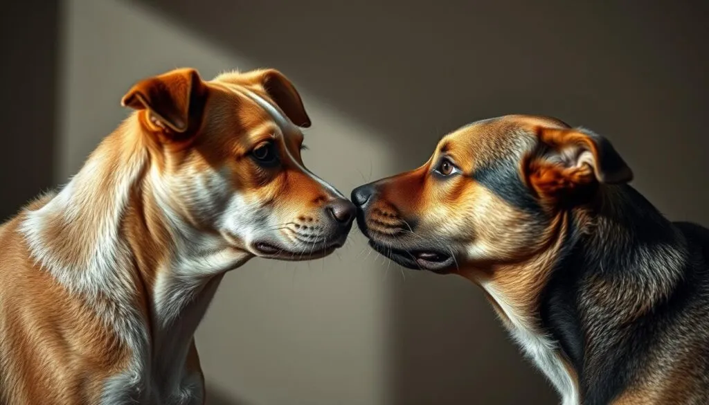 Canine communication breakdown, two dogs facing each other, one with a confused, unsure expression, the other with a dominant, confrontational stance. Harsh lighting casts dramatic shadows, creating an uneasy, tense atmosphere. The background is blurred, drawing the viewer's focus to the charged interaction between the animals. Hyperrealistic details, including the textured fur, expressive eyes, and subtle body language, convey the nuances of miscommunication. Polarized filter enhances the contrast, heightening the sense of conflict. Captured with a Sony A7R IV, the image is sharply defined, emphasizing the gravity of the moment.