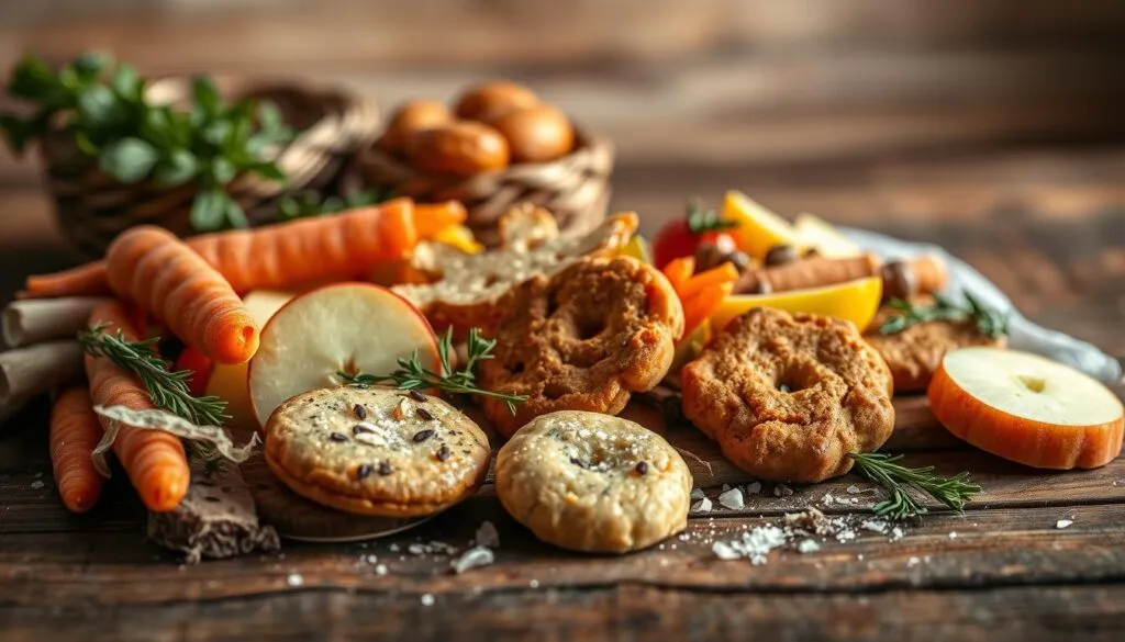 Delightful and visually captivating handcrafted horse treats for special occasions, elegantly presented on a rustic wooden surface. An assortment of vibrant, natural ingredients such as carrots, apples, and herbs artfully arranged in a harmonious composition. Soft, warm lighting casts a gentle glow, highlighting the textures and colors. The treats appear freshly baked, with a tempting aroma wafting through the air. The scene conveys a sense of care, attention to detail, and a celebration of the equine palate. Photographed with a Sony A7R IV, the image is sharply focused, with a polarizer filter lending a polished, high-quality finish.