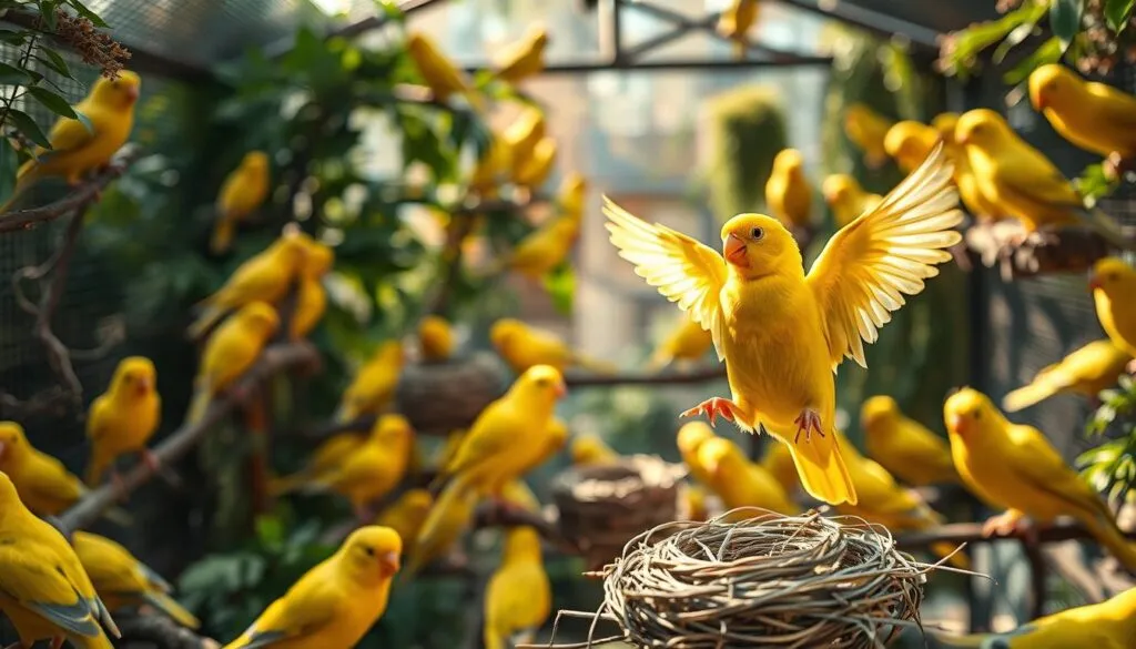 Kanarienvogel Zucht und Gesundheit: A vibrant aviary filled with captivating canary birds, their golden plumage glistening under the warm, natural lighting. In the foreground, a pair of canaries engage in a graceful courtship dance, their movements fluid and synchronized. The middle ground showcases several nests, each meticulously constructed, representing the diligence and care of the breeders. Surrounding the aviary, lush greenery and a calming, earthy palette create a serene, rejuvenating atmosphere, evoking a sense of harmony between the birds and their environment. Captured with a Sony A7R IV, the image is sharp, detailed, and amplified by the use of a polarizer filter, resulting in a hyperrealistic and visually captivating depiction of the subject.