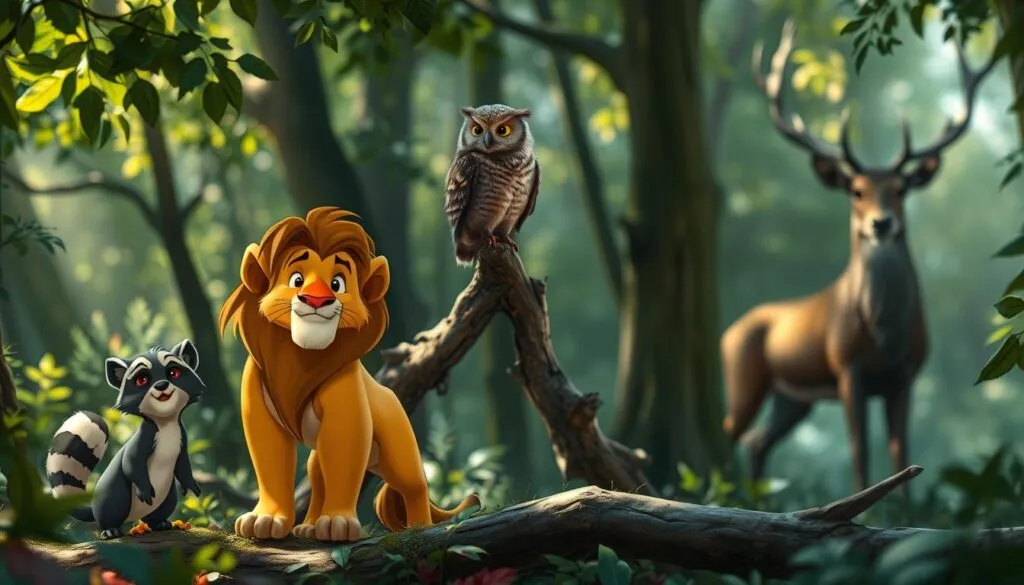 Timeless Disney animal film character names, a whimsical ensemble of beloved creatures from the studio's enchanting tales. A tranquil woodland setting, dappled with soft light filtering through lush foliage. In the foreground, a distinguished yet playful lion stands tall, his mane radiating an inner strength. Beside him, a curious yet mischievous raccoon peers out from the undergrowth. In the middle ground, a wise old owl perches atop a gnarled branch, observing the scene with a knowing gaze. In the background, a majestic stag emerges from the shadows, its regal antlers reaching towards the heavens. Captured with a Sony A7R IV, this hyperrealistic image conveys the timeless charm and enduring appeal of these cherished Disney icons.