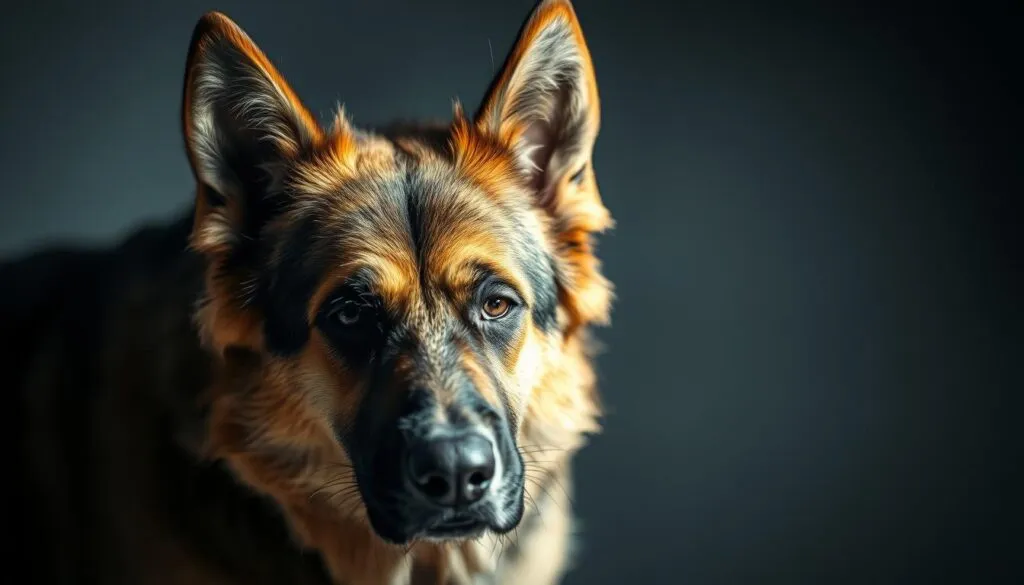 A German shepherd dog cowering, its body language signaling fear and stress - head lowered, ears back, eyes wide. The animal is captured in close-up, the lighting dramatic and moody, casting deep shadows that heighten the sense of discomfort. The dog's fur appears coarse and unkempt, further emphasizing its state of distress. The background is blurred, keeping the focus solely on the expressive canine face. Subtle depth of field creates a sense of isolation and vulnerability. The overall impression is one of heightened emotion and the visible signs of a dog experiencing anxiety.