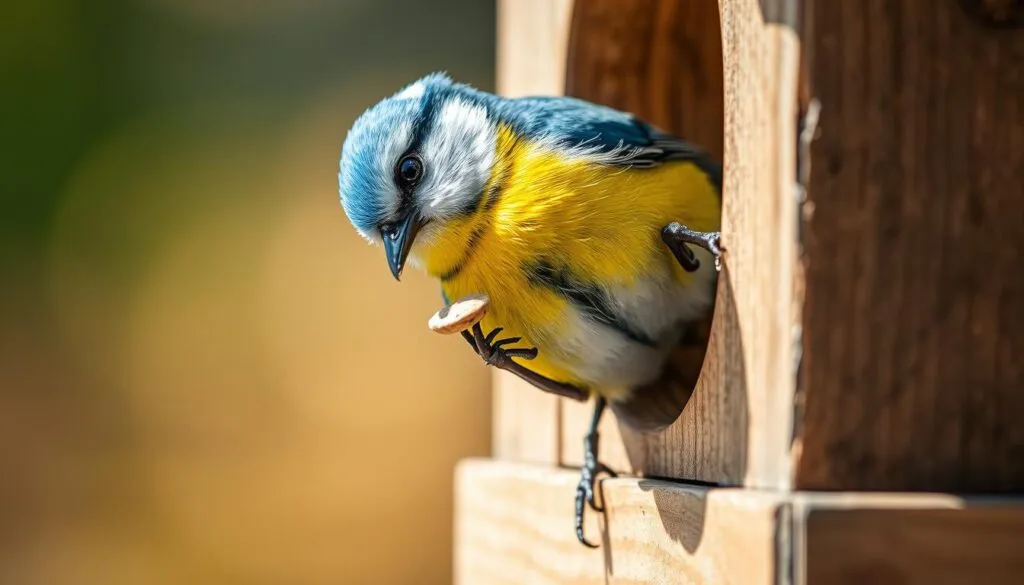 A close-up portrait of a Eurasian blue tit (Cyanistes caeruleus), also known as a 