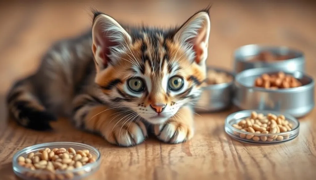 A close-up shot of a tabby kitten's paws resting on a wooden surface, with various cat food portions arranged neatly around it. The kitten's eyes are alert and curious, capturing the viewer's attention. The image is lit with soft, natural lighting, creating a warm and inviting atmosphere. The lens has a shallow depth of field, ensuring the kitten is the focal point, while the food portions in the background are slightly blurred. The overall composition is balanced and visually appealing, perfectly illustrating the topic of 
