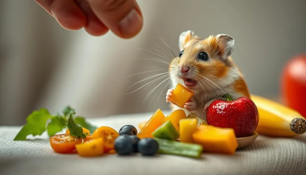 A close-up, well-lit scene of a hamster being hand-fed a variety of fresh, colorful fruits and vegetables. The hamster is sitting upright on a soft, textured surface, its eyes bright and attentive as it eagerly takes the treats from the human's fingers. The background is blurred, highlighting the interaction between the hamster and its caretaker. Soft, natural lighting from the side creates depth and dimensionality, while a polarizer filter enhances the vivid, lifelike details of the hamster's fur and the nourishing meal. Captured with a Sony A7R IV, this hyperrealistic image conveys the importance of proper feeding and enrichment for a happy, healthy hamster.