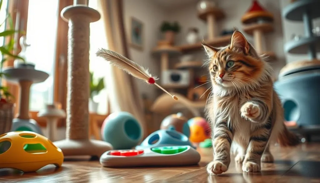 A cozy and vibrant indoor scene, showcasing a variety of engaging playtime activities for cats. In the foreground, a fluffy tabby cat playfully chases after a feather on a string, its eyes alight with excitement. In the middle ground, a scratching post stands tall, surrounded by an assortment of colorful toys and puzzle feeders, encouraging mental and physical stimulation. The background features a sunny window, allowing natural light to filter in and create a warm, inviting atmosphere. The room is decorated with cat-friendly decor, such as cat trees and perches, promoting a sense of comfort and security. The overall scene conveys the importance of providing ample opportunities for feline socialization and enrichment.