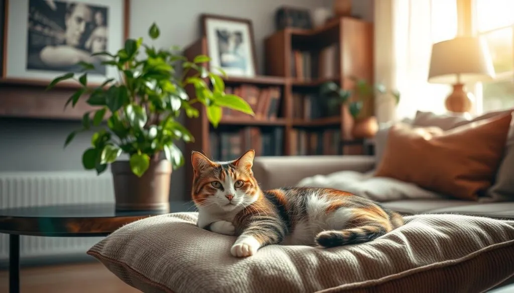 A cozy domestic setting, bathed in warm, natural lighting. In the foreground, a contented feline lounges on a plush, textured throw pillow, its calico coat gleaming. On a nearby end table, a lush, thriving potted plant stands, its verdant leaves adding a touch of verdant elegance. In the middle ground, a bookshelf filled with leather-bound volumes and framed art pieces, creating an atmosphere of refined sophistication. The background is softly blurred, hinting at a spacious, well-appointed living room, where harmony and the wellbeing of the household's feline companion take center stage. Shot on Sony A7R IV, clearly focused, sharply defined, polarizer filter, Hyperrealistic image.