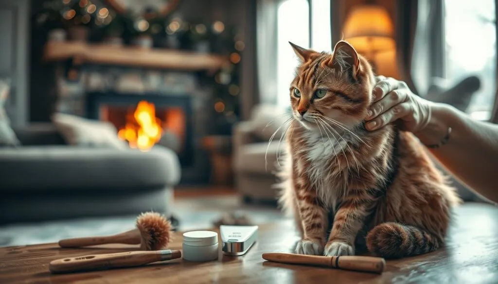 A cozy winter scene of a domestic house cat being groomed and cared for by its attentive owner. In the foreground, the cat sits obediently as its owner gently brushes its soft, thick fur, paying special attention to the paws and ears. Soft, warm lighting filters in through a nearby window, casting a gentle glow on the serene moment. In the middle ground, a selection of cat grooming supplies - brushes, nail clippers, and moisturizing creams - are neatly arranged, showcasing the thorough and caring nature of the owner's routine. The background depicts a tastefully decorated living room, with plush furniture and a crackling fireplace, creating a soothing and comfortable atmosphere perfect for this intimate cat care session. Shot on a Sony A7R IV with a polarizer filter, this hyperrealistic image captures the affectionate bond between a cat and its owner during the chilly winter months.
