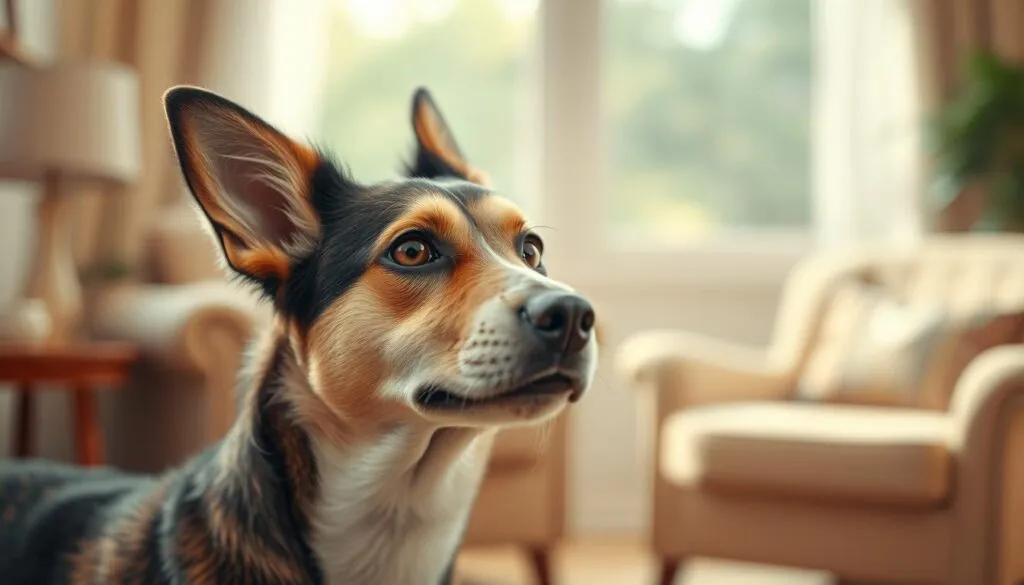 A curious dog, its head tilted, eyes pleading for attention, stands in the foreground, its fur shimmering with a soft, silky texture. The middle ground features a cozy, warm-toned interior, with a plush, inviting armchair and a gentle natural light filtering through a nearby window. The background blurs into a serene, calming atmosphere, hinting at the dog's desire for affection and companionship. Shot on a Sony A7R IV with a polarizer filter, this hyperrealistic image captures the moment with sharp focus and vivid, defined details, conveying the dog's endearing appeal for attention. A curious dog, its head tilted, eyes pleading for attention, stands in the foreground, its fur shimmering with a soft, silky texture. The middle ground features a cozy, warm-toned interior, with a plush, inviting armchair and a gentle natural light filtering through a nearby window. The background blurs into a serene, calming atmosphere, hinting at the dog's desire for affection and companionship. Shot on a Sony A7R IV with a polarizer filter, this hyperrealistic image captures the moment with sharp focus and vivid, defined details, conveying the dog's endearing appeal for attention.