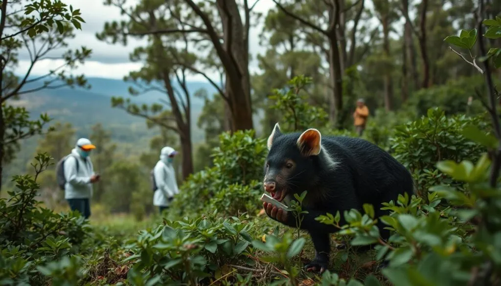 A dense, lush forest in Tasmania, Australia. In the foreground, a Tasmanian devil, its distinctive black fur and white markings standing out against the verdant foliage. The creature is intently examining a sample, part of the latest research project studying its behavior and health. In the middle ground, scientists in protective gear carefully observe and document their findings. The background is a panoramic view of the rugged Tasmanian landscape, with towering eucalyptus trees and a cloudy, moody sky. The scene conveys a sense of scientific exploration and the ongoing efforts to understand this unique marsupial. Shot on Sony A7R IV, clearly focused, sharply defined, polarizer filter, Hyperrealistic image. A dense, lush forest in Tasmania, Australia. In the foreground, a Tasmanian devil, its distinctive black fur and white markings standing out against the verdant foliage. The creature is intently examining a sample, part of the latest research project studying its behavior and health. In the middle ground, scientists in protective gear carefully observe and document their findings. The background is a panoramic view of the rugged Tasmanian landscape, with towering eucalyptus trees and a cloudy, moody sky. The scene conveys a sense of scientific exploration and the ongoing efforts to understand this unique marsupial. Shot on Sony A7R IV, clearly focused, sharply defined, polarizer filter, Hyperrealistic image.