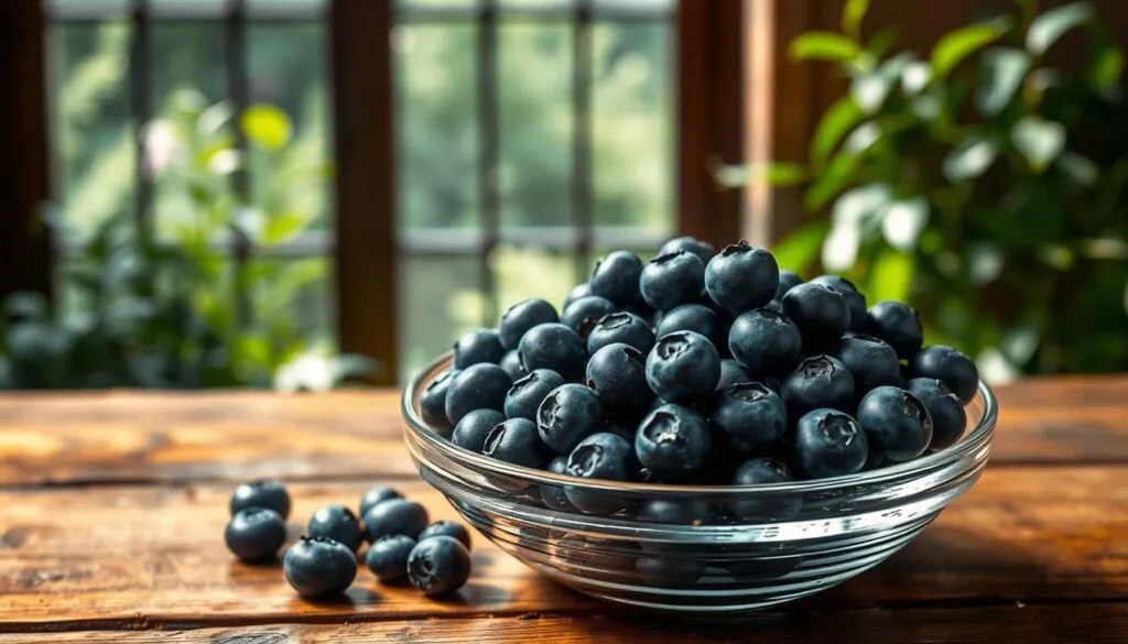 A glass bowl filled with freshly picked, plump blueberries sits on a rustic wooden table. The berries glisten under soft, diffused lighting, their deep indigo hue contrasting beautifully against the natural wood grain. In the background, a lush, verdant garden can be seen through a large window, adding a sense of tranquility and a connection to nature. The overall scene conveys a sense of purity, health, and the potential benefits of incorporating these nutrient-rich berries into a dog's diet. Shot on a Sony A7R IV with a polarizer filter, this hyperrealistic image is sharply defined and clearly focused.