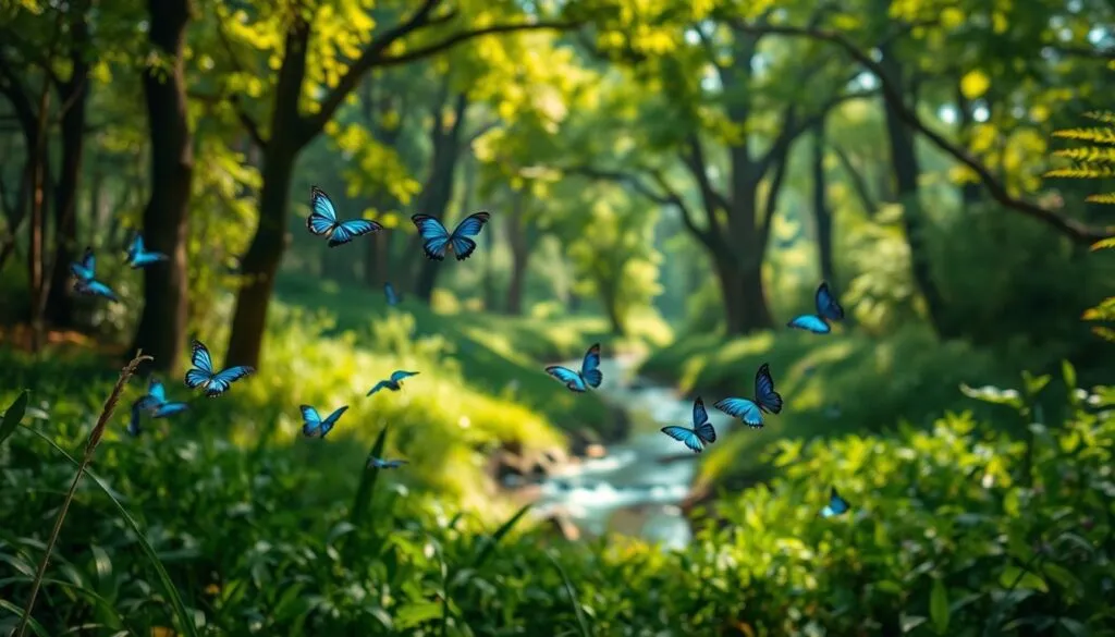A lush, verdant forest glade bathed in soft, diffused sunlight. In the foreground, a group of vibrant blue butterflies flutter gracefully, their delicate wings shimmering with an iridescent sheen. The middle ground reveals a tranquil stream winding its way through the undergrowth, its crystal-clear waters reflecting the surrounding foliage. In the background, towering trees with lush, verdant canopies provide a natural, protective canopy, creating a serene and secluded atmosphere. The scene evokes a sense of harmony and the delicate balance of nature, underscoring the importance of conserving these precious blue butterfly species.