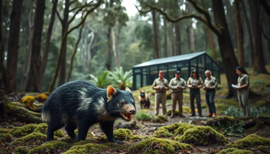 A lush, verdant forest in Tasmania, with towering eucalyptus trees and a thick, mossy undergrowth. In the foreground, a Tasmanian devil, its distinctive black and white fur shining, stands alert, its sharp teeth bared in a fierce expression. In the middle ground, a group of researchers in khaki uniforms carefully monitor the devil, taking notes and observing its behavior. In the background, a state-of-the-art research facility blends seamlessly into the natural landscape, its glass and steel architecture complementing the rugged terrain. The scene exudes a sense of dedicated conservation efforts, with the Tasmanian devil at the heart of a vital protection and preservation project.