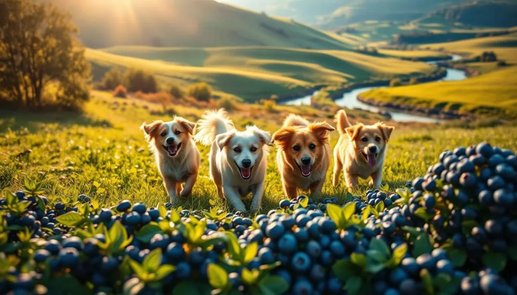 A lush, verdant meadow bathed in warm, golden sunlight. In the foreground, a pack of playful, energetic dogs joyfully chasing and snapping at clusters of vibrant, succulent blueberries. The middle ground showcases the dogs happily munching on the antioxidant-rich berries, their fur coats shimmering with health. In the background, a serene, rolling landscape with a tranquil stream winding through, creating a sense of balance and harmony. Captured with a Sony A7R IV, this hyperrealistic image conveys the nutritional benefits and safety of blueberries for canine companions, inviting the viewer to explore this topic further.