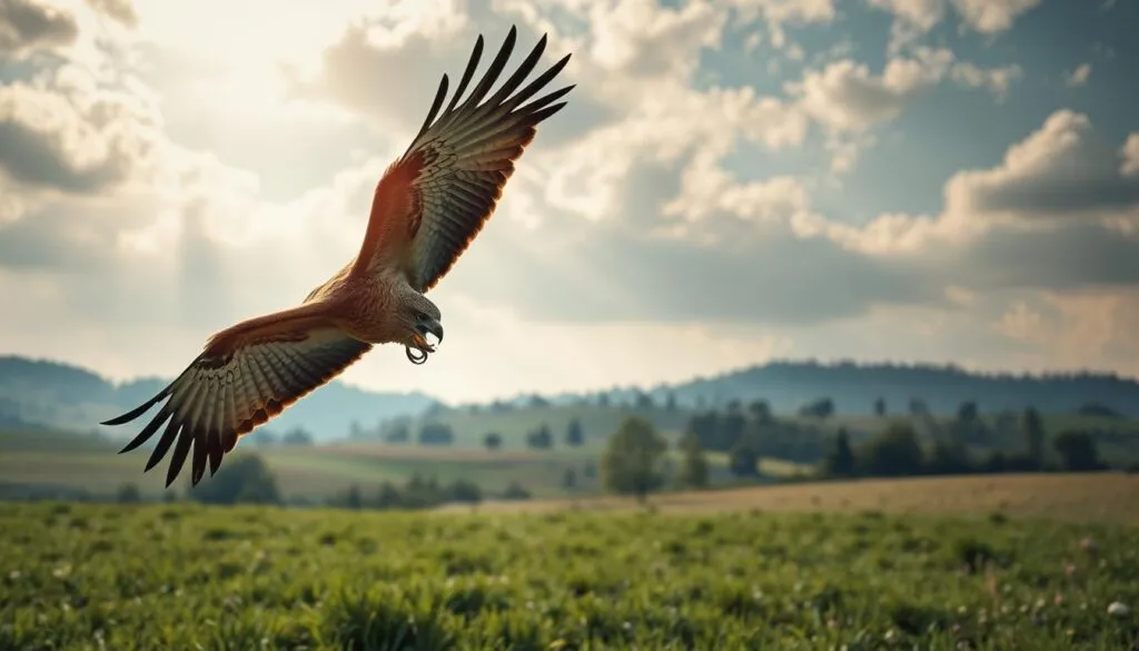 A majestic Eurasian Buzzard (Buteo buteo) soaring gracefully over a lush, verdant meadow. The raptor's broad wings are outstretched, its sharp talons tucked close to its body as it scans the ground below for small rodents and other prey. Sunlight filters through wispy clouds, casting a warm, golden glow on the bird's tawny plumage. In the middle distance, rolling hills and scattered trees create a tranquil, pastoral scene. The image is captured with a Sony A7R IV, the details crisp and vivid thanks to the polarizer filter, resulting in a hyper-realistic, visually stunning depiction of this magnificent bird of prey in its natural habitat. A majestic Eurasian Buzzard (Buteo buteo) soaring gracefully over a lush, verdant meadow. The raptor's broad wings are outstretched, its sharp talons tucked close to its body as it scans the ground below for small rodents and other prey. Sunlight filters through wispy clouds, casting a warm, golden glow on the bird's tawny plumage. In the middle distance, rolling hills and scattered trees create a tranquil, pastoral scene. The image is captured with a Sony A7R IV, the details crisp and vivid thanks to the polarizer filter, resulting in a hyper-realistic, visually stunning depiction of this magnificent bird of prey in its natural habitat.