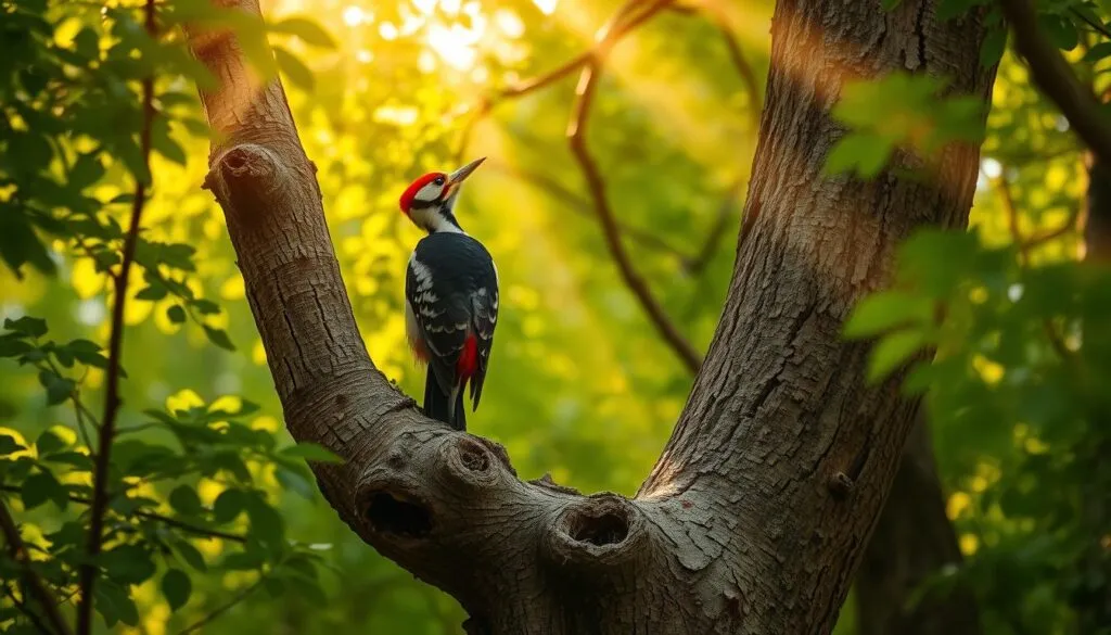 A majestic Eurasian Woodpecker (Dendrocopos major) perched on a gnarled oak tree trunk, surrounded by the lush, verdant foliage of a dense forest. The woodpecker's vibrant plumage of black, white, and red stands out in sharp contrast against the mottled bark. Rays of golden sunlight filter through the canopy, casting a warm, diffused glow across the scene. The bird appears alert and inquisitive, its head cocked as it searches for insects and larvae to feed on, playing a vital role in the forest's ecosystem. Captured with a Sony A7R IV, the image is sharply focused, with a polarizer filter enhancing the depth and clarity, resulting in a hyperrealistic, immersive depiction of the woodpecker's place within the woodland environment.