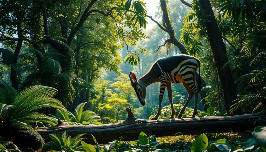 A majestic okapi forages in the lush, verdant rainforest, its distinctive striped legs and long, prehensile tongue delicately plucking leaves and fruits from the diverse canopy. The dappled sunlight filters through the towering trees, casting a warm, golden glow over the scene. In the middle ground, a fallen log provides a natural perch, allowing the viewer to observe the okapi's unique feeding behavior up close. The background is a dense, layered tapestry of ferns, vines, and vibrant foliage, creating a sense of depth and immersion in the heart of this thriving ecosystem. Shot on a Sony A7R IV with a polarizer filter, this hyperrealistic image captures the okapi's graceful movements and the rich, biodiverse environment it calls home.