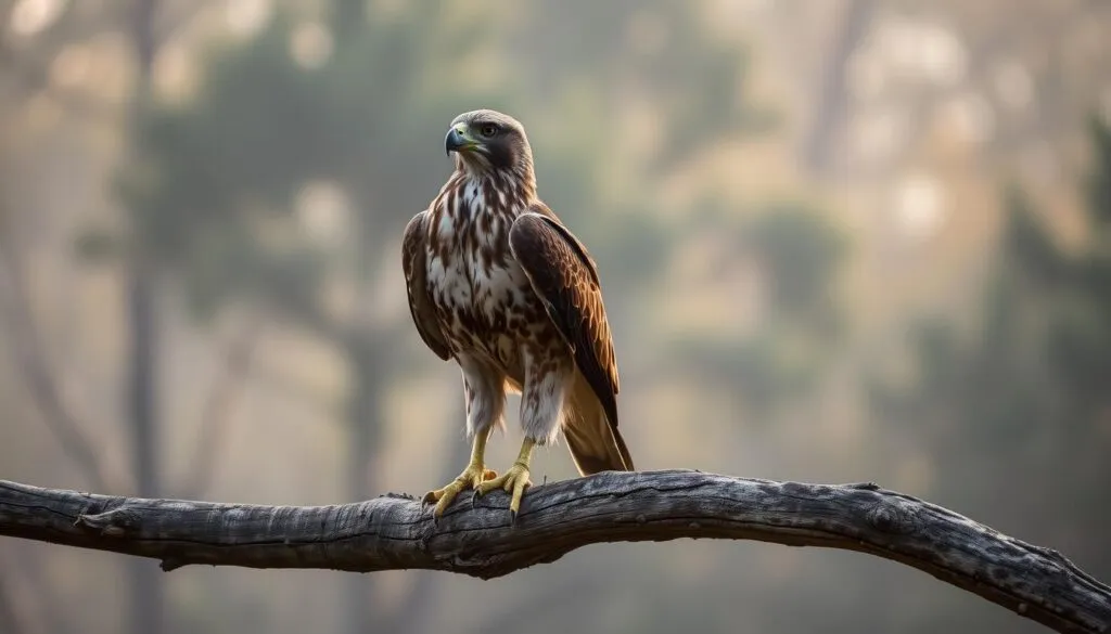 A mature Eurasian Buzzard (Buteo buteo) perched on a weathered tree branch, alert and vigilant, scanning the landscape for potential threats. The bird's iconic brown and white plumage is meticulously detailed, its sharp talons gripping the branch with unwavering determination. The background features a blurred, hazy forest, creating a sense of depth and tranquility. Soft, warm lighting filters through the canopy, casting a gentle glow on the raptor's features. The overall atmosphere conveys a sense of the Buzzard's critical role in the ecosystem and the need to protect this majestic species from the dangers that threaten its survival.