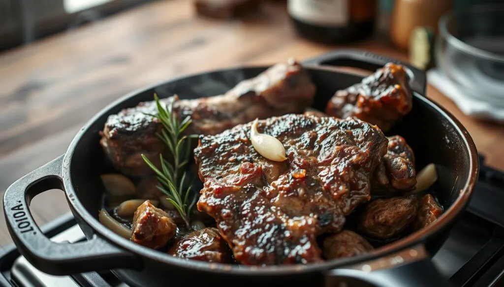 A mouthwatering preparation of wild boar meat, sizzling in a cast-iron skillet. The rich, earthy aroma fills the air as the meat sears to a deep, caramelized brown. Slivers of garlic, fragrant rosemary, and a splash of red wine dance together, creating a savory symphony on the stovetop. In the background, a rustic wooden table sets the stage, hinting at the primal, outdoor origins of this prized game meat. Soft, diffused lighting casts a warm, inviting glow, drawing the viewer in to savor the textures and flavors of this authentic, wild-sourced delicacy. A mouthwatering preparation of wild boar meat, sizzling in a cast-iron skillet. The rich, earthy aroma fills the air as the meat sears to a deep, caramelized brown. Slivers of garlic, fragrant rosemary, and a splash of red wine dance together, creating a savory symphony on the stovetop. In the background, a rustic wooden table sets the stage, hinting at the primal, outdoor origins of this prized game meat. Soft, diffused lighting casts a warm, inviting glow, drawing the viewer in to savor the textures and flavors of this authentic, wild-sourced delicacy.