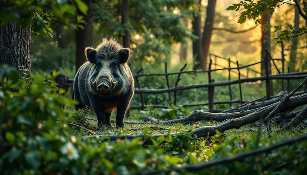 A rugged wilderness landscape in Germany, where a massive wild boar stands alert, its thick fur and muscular frame a testament to its hardy nature. In the foreground, lush green foliage and fallen branches create a sense of dense, untamed forest. The middle ground reveals a wooden fence, a barrier erected to protect against the boar's incursions. Soft, diffused sunlight filters through the canopy, casting warm, golden tones over the scene. The overall atmosphere conveys the delicate balance between human habitation and the encroaching wilderness, where efforts are made to coexist with these powerful, resilient creatures.