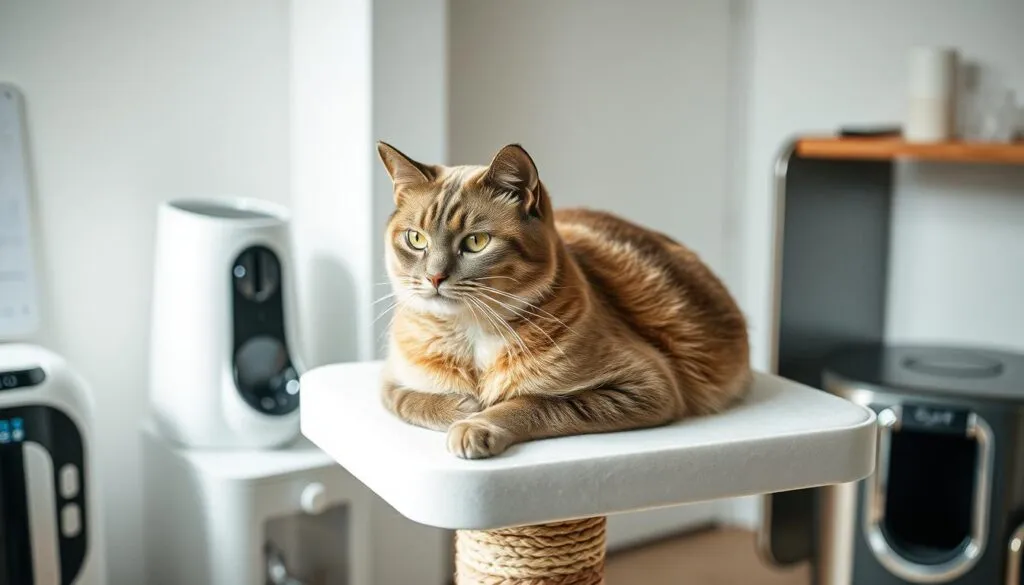A sleek and modern domestic cat lounging on a high-tech cat tower, surrounded by innovative pet tech devices. The feline gracefully occupies the center of the frame, its fur gleaming under natural lighting. In the background, a minimalist, chrome-accented environment showcases various cat gadgets, from automated feeders to app-controlled litter boxes. The scene exudes an atmosphere of efficiency and sophisticated pet care, reflecting the advancements in 
