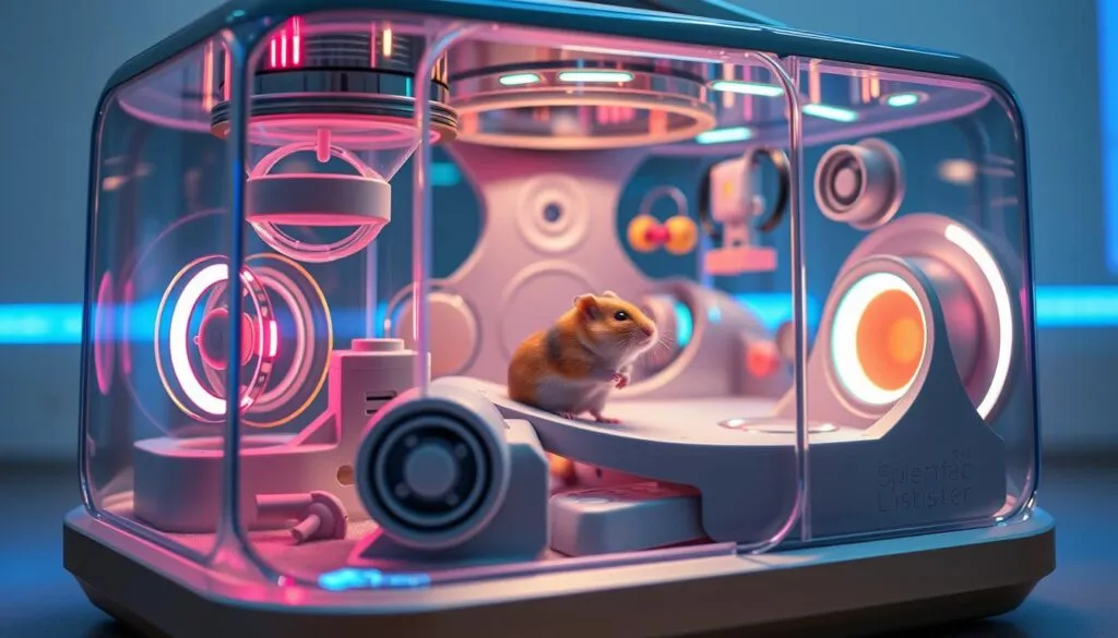 A sleek, modern hamster toy featuring a variety of interactive elements like spinning wheels, tunnels, and tactile surfaces. The enclosure is made of transparent acrylic panels, allowing the hamster to be fully visible. Vibrant LED lights illuminate the interior, creating an engaging, futuristic atmosphere. Sensors monitor the hamster's activity and adjust the toy's behavior accordingly, providing a stimulating and adaptive experience. The device is designed with clean, minimalist lines and a sophisticated silver and gray color palette, befitting the advanced 2025 technology. Shot on Sony A7R IV, clearly focused, sharply defined, polarizer filter, Hyperrealistic image. A sleek, modern hamster toy featuring a variety of interactive elements like spinning wheels, tunnels, and tactile surfaces. The enclosure is made of transparent acrylic panels, allowing the hamster to be fully visible. Vibrant LED lights illuminate the interior, creating an engaging, futuristic atmosphere. Sensors monitor the hamster's activity and adjust the toy's behavior accordingly, providing a stimulating and adaptive experience. The device is designed with clean, minimalist lines and a sophisticated silver and gray color palette, befitting the advanced 2025 technology. Shot on Sony A7R IV, clearly focused, sharply defined, polarizer filter, Hyperrealistic image.