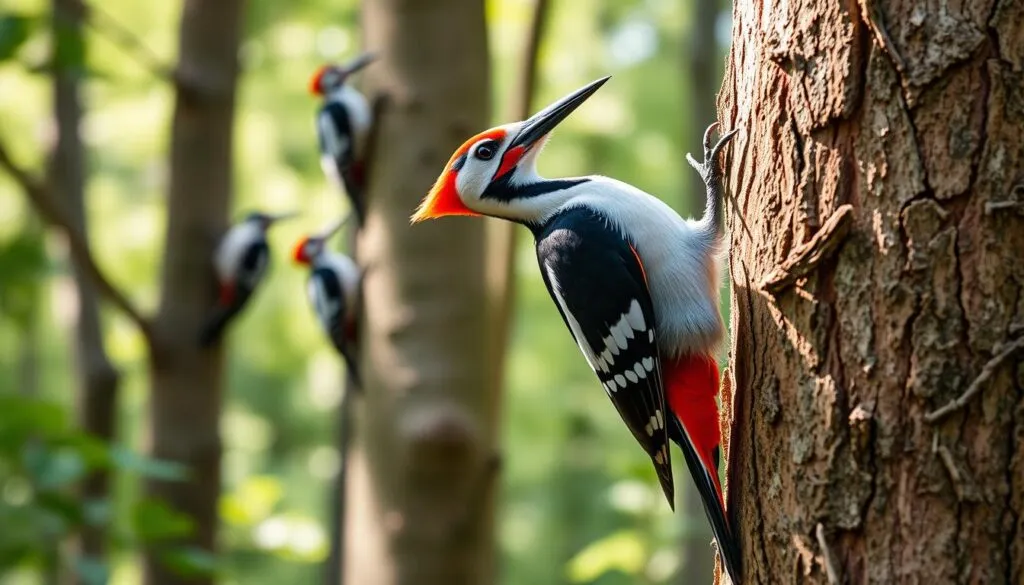 A vibrant and detailed comparison of a Buntspecht (European Woodpecker) with other woodpecker species. Shot on a Sony A7R IV with a polarizer filter, the image is sharply focused and hyperrealistic, revealing the distinctive features of the Buntspecht: its striking black, white, and red plumage, powerful beak, and energetic pose as it clings to the bark of a tree. In the foreground, the Buntspecht is prominently displayed, with other woodpecker species shown in the middle and background, allowing for a clear visual contrast and comparison of their size, coloration, and behavior. The scene is set in a lush, naturalistic forest environment, with dappled lighting and a sense of depth and atmosphere that draws the viewer into the scene. A vibrant and detailed comparison of a Buntspecht (European Woodpecker) with other woodpecker species. Shot on a Sony A7R IV with a polarizer filter, the image is sharply focused and hyperrealistic, revealing the distinctive features of the Buntspecht: its striking black, white, and red plumage, powerful beak, and energetic pose as it clings to the bark of a tree. In the foreground, the Buntspecht is prominently displayed, with other woodpecker species shown in the middle and background, allowing for a clear visual contrast and comparison of their size, coloration, and behavior. The scene is set in a lush, naturalistic forest environment, with dappled lighting and a sense of depth and atmosphere that draws the viewer into the scene.