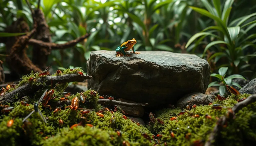 A vivid close-up of an assortment of nutritious insects and small amphibians in a lush, naturalistic terrarium setting. The foreground features a variety of live crickets, fruit flies, and other invertebrates crawling on dense moss-covered branches and rocks. In the middle ground, a colorful, non-toxic frog rests atop a large, flat stone, its vibrant skin and alert pose capturing its keen hunting instincts. The background depicts a densely planted backdrop of tropical foliage, creating an immersive, hyper-realistic environment. Soft, diffused natural lighting filters through the scene, accentuating the vivid colors and textures. Shot on a Sony A7R IV with a polarizer filter, the image is sharply defined and hyperrealistic in detail.
