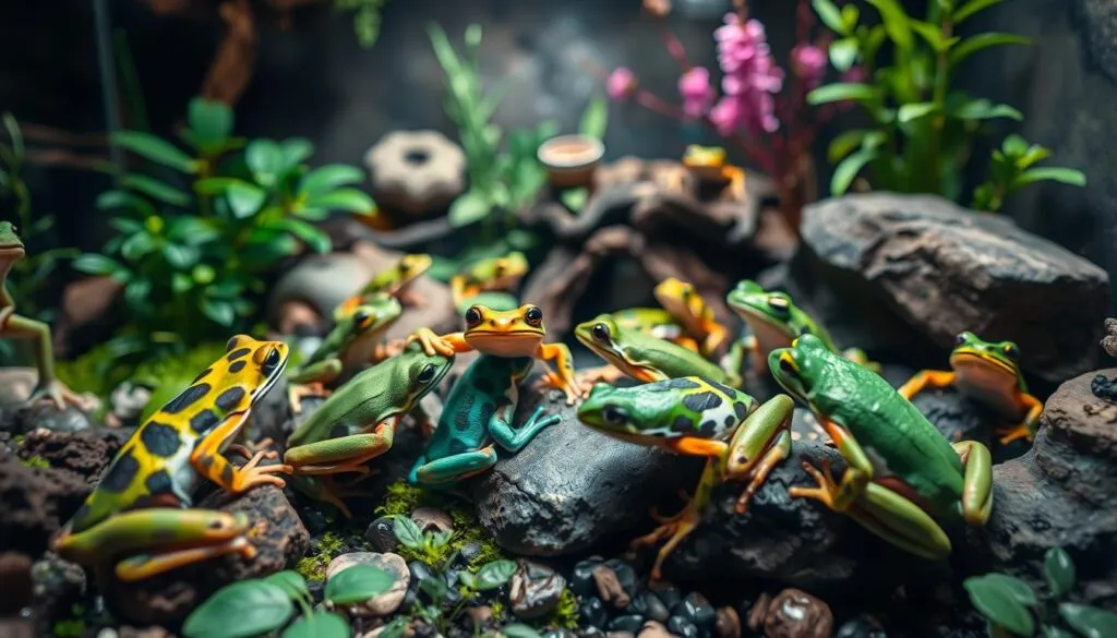A vivid, naturalistic scene of a diverse group of tree frogs exhibiting their characteristic social behaviors within a well-appointed terrarium. The foreground features several vibrant, distinctly-patterned frogs interacting, their movements captured with sharp clarity. The middle ground showcases the lush, verdant terrarium environment, complete with a variety of foliage, rocks, and decorative elements. Soft, diffused lighting creates a natural, ambient atmosphere, while a polarizer filter enhances the depth and vibrancy of the colors. The overall impression is one of an immersive, hyperrealistic tableau that showcases the engaging social dynamics of these captivating amphibians.