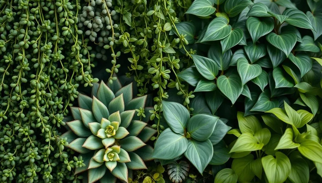 Shot on Sony A7R IV, a close-up view of a variety of pet-safe indoor plants, including dense-leaved succulents, trailing vines, and leafy pothos, arranged in a visually appealing composition. The lighting is soft and natural, accentuating the vibrant greens and subtle textures of the foliage. A polarizer filter enhances the depth and clarity, resulting in a hyperrealistic, sharply defined image that showcases these cat-friendly houseplants as effective preventive measures against potential ingestion hazards.
