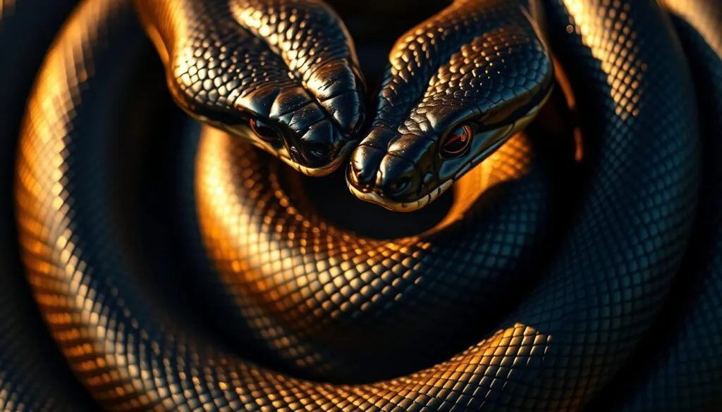 A breathtaking macro shot of two intertwined black mambas, their sleek bodies glistening as they coil and twist in a captivating mating dance. The snakes' piercing eyes lock in an intense, serpentine gaze, capturing the raw power and primal energy of their species' reproduction. The scene is bathed in warm, golden light, creating a sense of drama and reverence. Captured with a Sony A7R IV, the image is sharply defined and hyperrealistic, every scale and sinuous movement rendered with meticulous detail. A polarizer filter enhances the depth and richness of the blacks, making this a truly captivating depiction of the perilous, yet fascinating, mating rituals of the deadly black mamba.