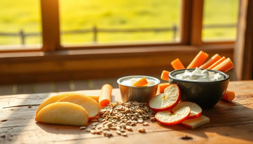 A bright, airy image showcasing an assortment of healthy horse treats on a wooden surface. In the foreground, sliced apple wedges, carrot sticks, and a handful of oats are neatly arranged. In the middle ground, a small bowl of unsweetened yogurt sits alongside a few dried apple slices. The background features a lush, green meadow visible through a large window, bathed in warm, natural sunlight. The scene conveys a sense of balanced nutrition and wholesome indulgence for the equine companion.