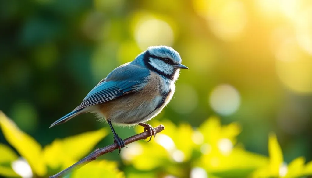 A close-up photograph of a Eurasian blue tit (Cyanistes caeruleus), also known as a blaumeise, perched on a branch in a lush, verdant forest. The bird is captured in sharp focus, its vibrant blue head, wings, and tail feathers standing out against the soft, blurred background of foliage. Sunlight filters through the canopy, casting a warm, natural light on the scene. The image is hyperrealistic, with intricate details and textures of the bird's plumage and the surrounding environment. The overall composition and lighting create a serene, observational mood, inviting the viewer to closely study the captivating features of this small, charming songbird.