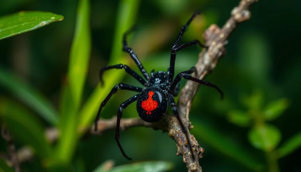 A closeup shot of a black widow spider in its natural habitat, resting on a branch amidst a lush green ecosystem. The spider's glossy black body and vibrant red hourglass marking are in sharp focus, capturing the intricate details of its anatomy. Soft, diffused lighting illuminates the scene, creating depth and dimension. The background blurs into a verdant foliage, suggesting the spider's integral role within the delicate balance of its ecosystem. Captured with a high-resolution camera, the image conveys a sense of scientific curiosity and appreciation for the spider's vital function in the web of life.