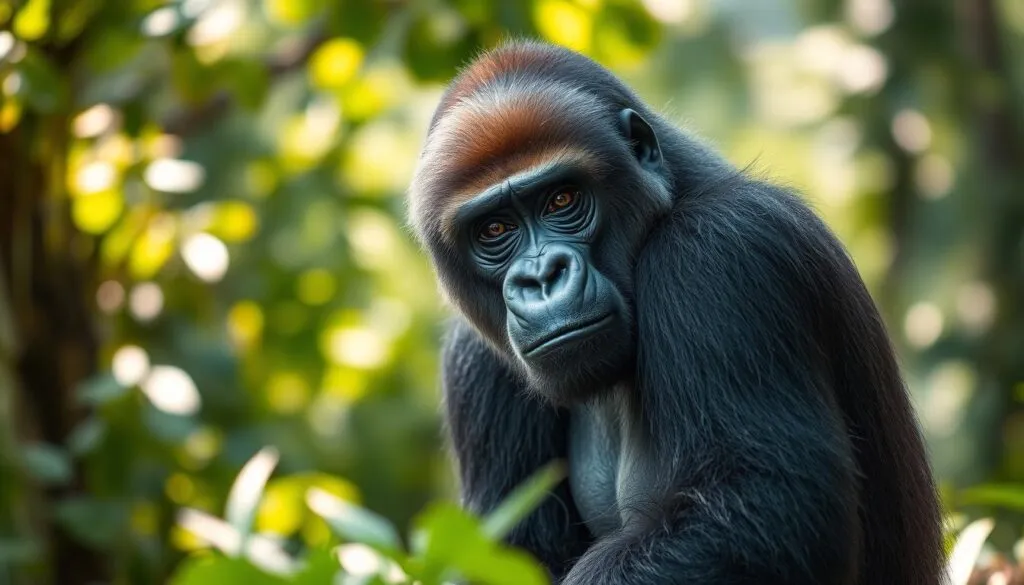 A curious and intelligent male western lowland gorilla, sitting upright and looking directly at the camera with a thoughtful expression. The lighting is soft and natural, highlighting the detailed textures of the gorilla's fur, face, and hands. The background is slightly blurred, featuring a lush, verdant forest environment with dappled sunlight filtering through the leaves. The overall composition conveys the gorilla's intelligence, curiosity, and connection to its natural habitat.