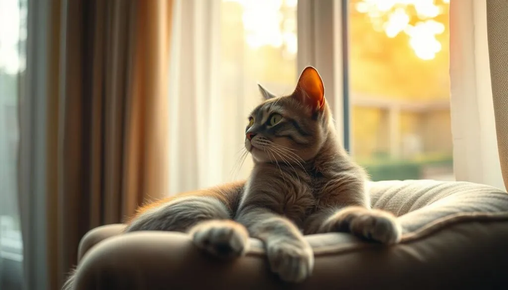 A curious cat lounging on a plush armchair, gazing out of a large window overlooking a tranquil garden. Warm, diffused sunlight filters through sheer curtains, casting a soft glow across the feline's sleek fur. The cat appears content and relaxed, showcasing its natural beauty and curious demeanor. The scene captures the essence of a cat's preferences and habits, inviting the viewer to better understand its unique personality and needs. Shot on Sony A7R IV, clearly focused, sharply defined, polarizer filter, Hyperrealistic image.