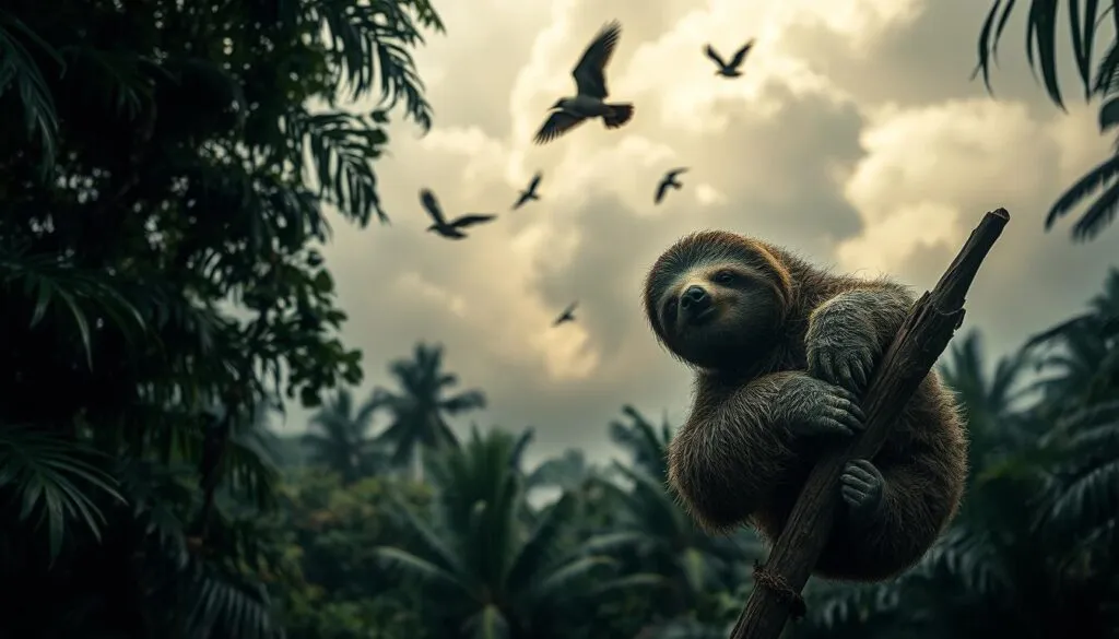 A dense, lush jungle canopy casts a moody, atmospheric glow. In the foreground, a curious sloth-like creature, its thick fur coat and perpetual state of relaxation a stark contrast to the perceived threats around it. The sloth's expression is unperturbed, as it lazily clings to a sturdy tree branch. In the middle ground, ominous storm clouds loom, hinting at the potential dangers this peaceful creature may face. The background is filled with the ominous silhouettes of predatory birds circling overhead. Utilizing a polarizer filter, the scene is captured with exceptional clarity and detail, creating a hyperrealistic and immersive visual experience.