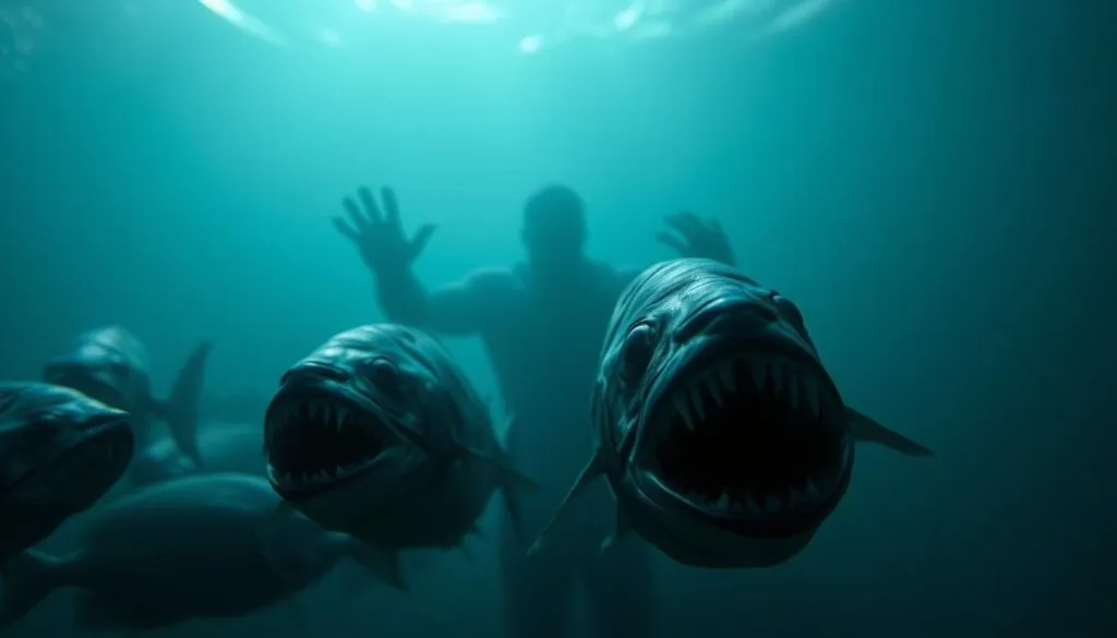 A dimly lit underwater scene, captured with a Sony A7R IV and a polarizer filter. Sinister-looking fish swim in the foreground, their mouths agape, revealing rows of sharp, jagged teeth. The lighting casts an eerie, ominous glow, creating an atmosphere of dread and unease. The fish are sharply defined, their scales and fins meticulously detailed. In the middle ground, a dark, mysterious silhouette lurks, hinting at the presence of even more unsettling creatures. The background is shrouded in a hazy, murky haze, adding to the sense of the unknown and the unseen. The overall image conveys a hyperrealistic, deeply unsettling depiction of the grim realities that lurk beneath the ocean's surface.