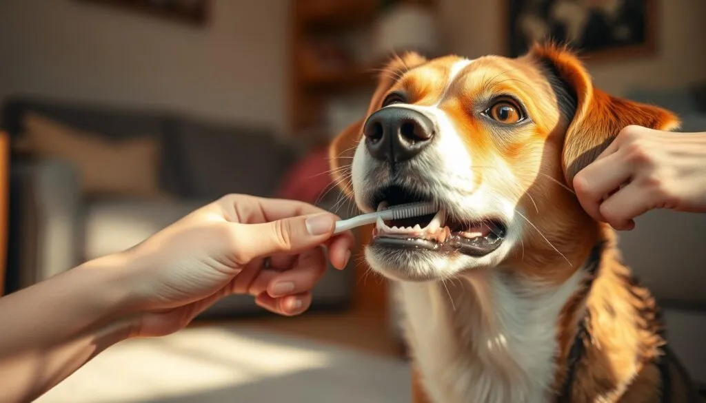 A dog sitting obediently, its mouth gently opened, as a human gently brushes its teeth with a soft-bristle toothbrush. The dog's attentive gaze meets the camera, conveying a sense of trust and cooperation. The scene is bathed in warm, natural light, capturing the gentle intimacy of the moment. The background is a cozy, domestic setting, perhaps a living room or bedroom, suggesting a comfortable, familiar environment. The composition is well-balanced, drawing the viewer's eye to the central interaction between the dog and the human. The overall mood is one of patience, care, and the successful training of the dog to accept this important grooming routine.