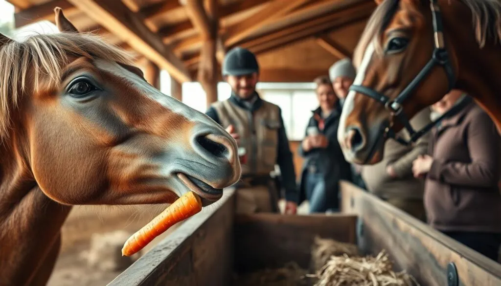 A group of experienced horse owners gathered around a feeding trough, offering insightful advice on proper feeding techniques. In the foreground, a weathered hand gently presents a carrot to a curious equine, its soft muzzle reaching out. In the middle ground, a seasoned rider in riding gear demonstrates how to safely administer a sugar cube, while other experts nod approvingly. The background features a rustic stable, its wooden beams and hay bales creating a cozy, pastoral atmosphere. Warm, natural lighting illuminates the scene, captured with a polarizer filter to enhance the depth and clarity of the image.