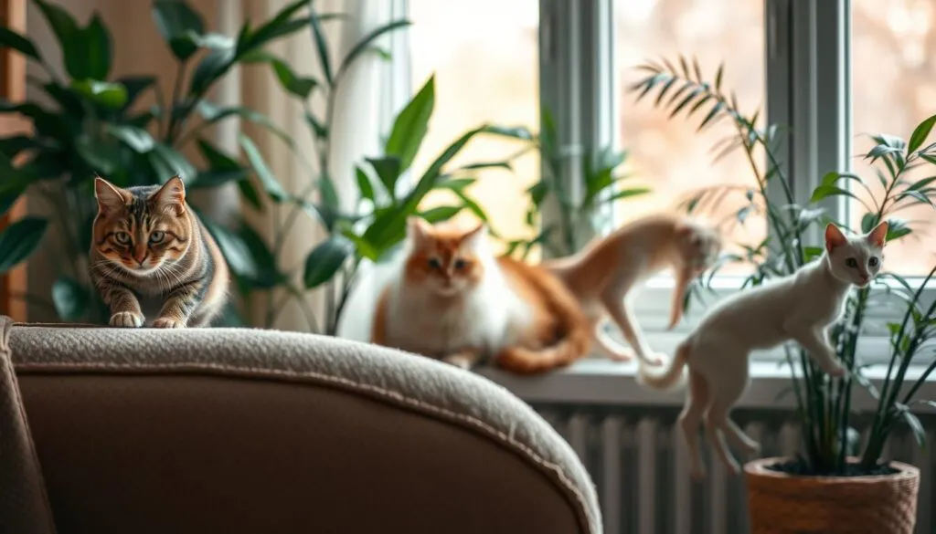 A group of playful cats, each with a distinct personality, lounging in a cozy living room. In the foreground, a mischievous tabby perches on the edge of a plush armchair, its eyes sparkling with curiosity. In the middle ground, a regal Persian cat reclines on a windowsill, basking in the soft, warm light filtering through the panes. In the background, a lithe Siamese cat winds its way through a forest of house plants, its graceful movements evoking a sense of elegance. The scene is shot with a Sony A7R IV, the polarizer filter capturing the depth and texture of the feline forms in vivid, hyperrealistic detail.