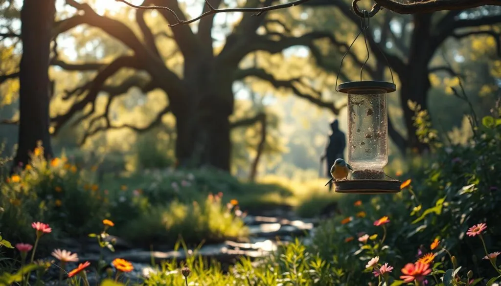 A lush forest meadow with towering oak trees and a babbling brook, where a stunning Blaumeise hops among the vibrant wildflowers. Sunlight filters through the canopy, casting warm, dappled shadows across the scene. In the foreground, a bird feeder hangs, drawing the attention of the delicate songbird. Yet, in the background, a menacing dark figure looms, representing the threats to the Blaumeise's peaceful habitat. Captured with a Sony A7R IV, this hyperrealistic image conveys the tranquility and the lurking dangers faced by this beloved avian species.