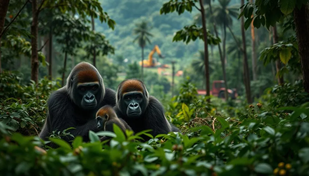 A lush, verdant forest teeming with life serves as the backdrop for a harrowing scene. In the foreground, a family of endangered mountain gorillas huddles together, their expressive faces etched with concern. The mid-ground reveals the encroaching threat of human activity, with the ominous silhouettes of logging equipment and encroaching development looming in the distance. Filtered through the lens of a Sony A7R IV, the image is sharply defined, with a polarizer filter enhancing the contrast and vivid colors. The hyperrealistic rendering captures the fragile beauty of this endangered species and the grave dangers they face in their natural habitat, conveying a somber yet powerful message about the urgent need for conservation efforts.