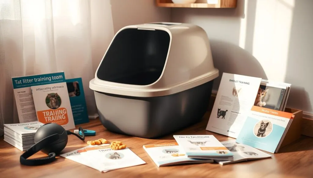 A neatly organized cat litter training station, featuring a sleek, modern litter box with a discreet lining and covered top. Surrounding it, an assortment of training tools - clicker, treats, and informative guides - arranged in a visually appealing way. The setup is bathed in warm, natural lighting, creating a calming atmosphere that suggests a positive, encouraging environment for the cat's training process. The overall composition exudes a sense of organization and attention to detail, reflecting the importance of effective techniques in overcoming feline litter box issues.