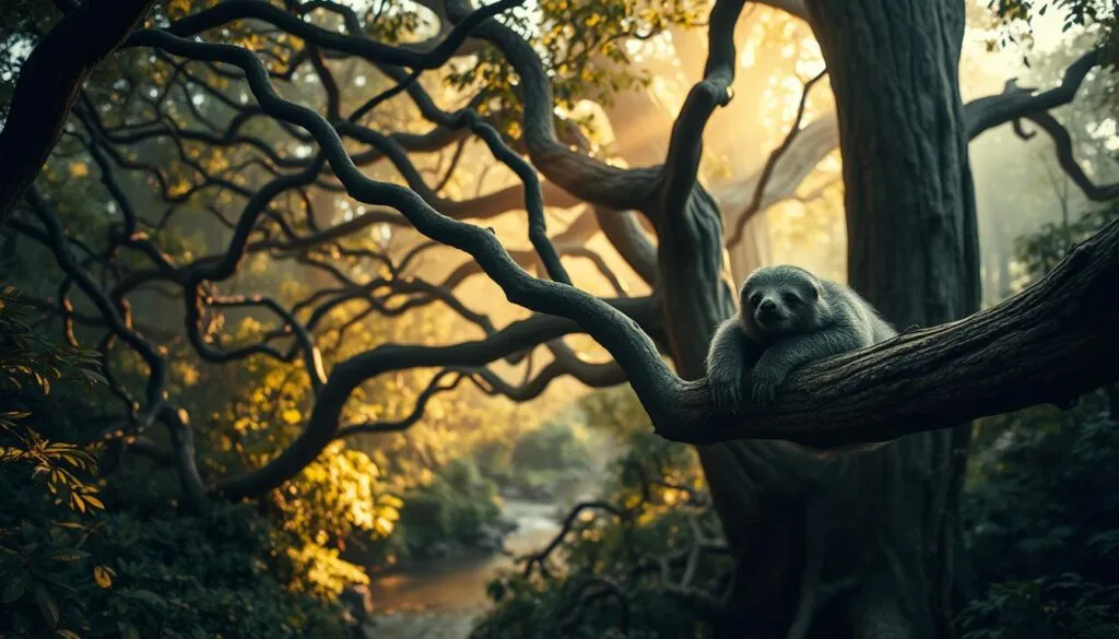 A serene, lush forest scene with an intricate network of twisting tree branches and dense foliage. In the foreground, a lone sloth-like creature, its fur a muted palette of grays and browns, clings lazily to a thick tree limb, its expression calm and contented. The middle ground features a glimpse of a tranquil stream winding through the undergrowth, while the background is dominated by towering, ancient trees casting dappled shadows across the forest floor. Warm, golden sunlight filters through the canopy, creating a cozy, inviting atmosphere. The overall composition conveys a sense of peaceful harmony and the unhurried pace of life in the world of the faultier in the year 2025.