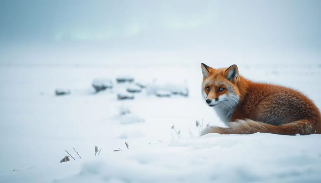 A snowy winter landscape in the Arctic, featuring a red fox (Vulpes lagopus), also known as the Polarfuchs or Arctic fox, huddled in the foreground. The fox's thick, dense fur coat and small, rounded ears are visible, adaptations that help it survive the harsh cold of Winterfell. In the middle ground, snowdrifts and frozen vegetation create a textured, icy backdrop. The background is a vast, open expanse of pristine, white snow, with a hint of the northern lights dancing across the sky. The scene is captured with a sharp, high-contrast, and hyperrealistic style, using a polarizer filter to enhance the details and textures.